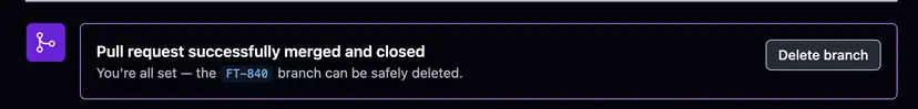 Pull request successfully merged notification with purple border